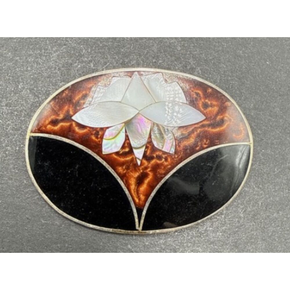 Vintage Inlaid Flower Brooch/Pendant Signed Alpaca Mexico